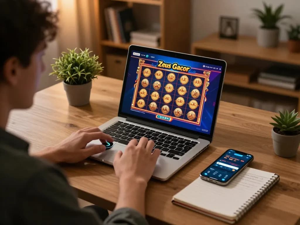 Pemain menggunakan laptop untuk mengakses permainan slot link secara online, menciptakan suasana kasino yang hidup di rumah.