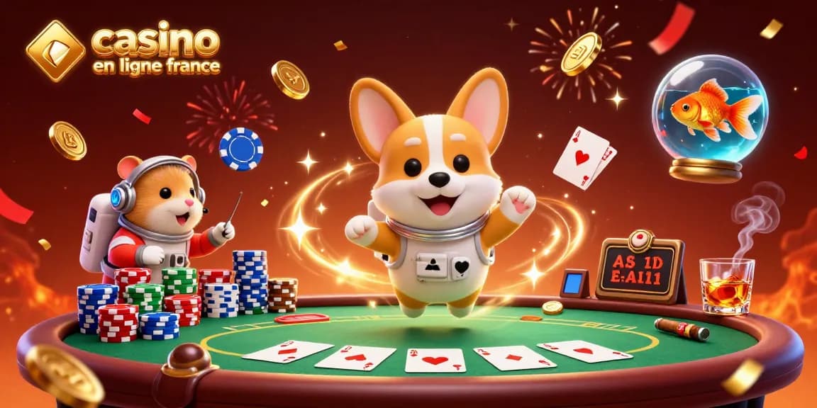 Une illustration 3D de "casino en ligne france" avec un corgi astronaute et des jetons flottants.