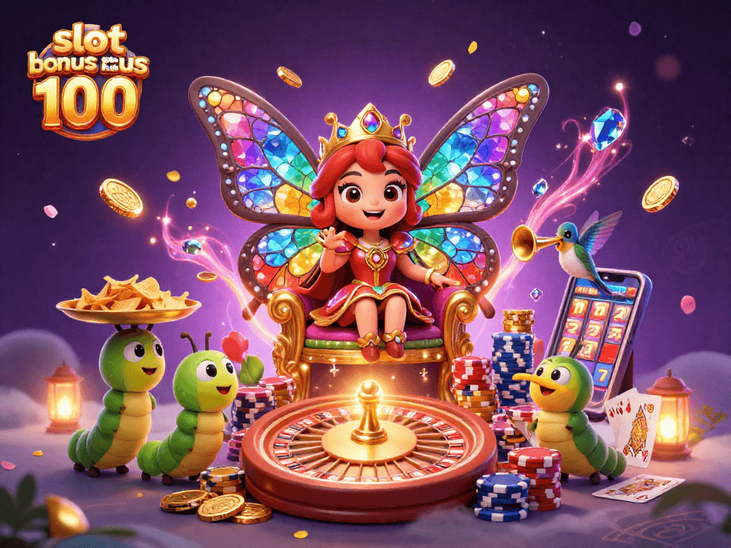 Experience the excitement of the slot bonus new member 100 promo with vibrant casino elements and a magical scene.