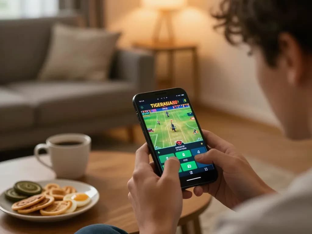 TIGERASIA88 user placing live sports bets on smartphone in cozy home setting