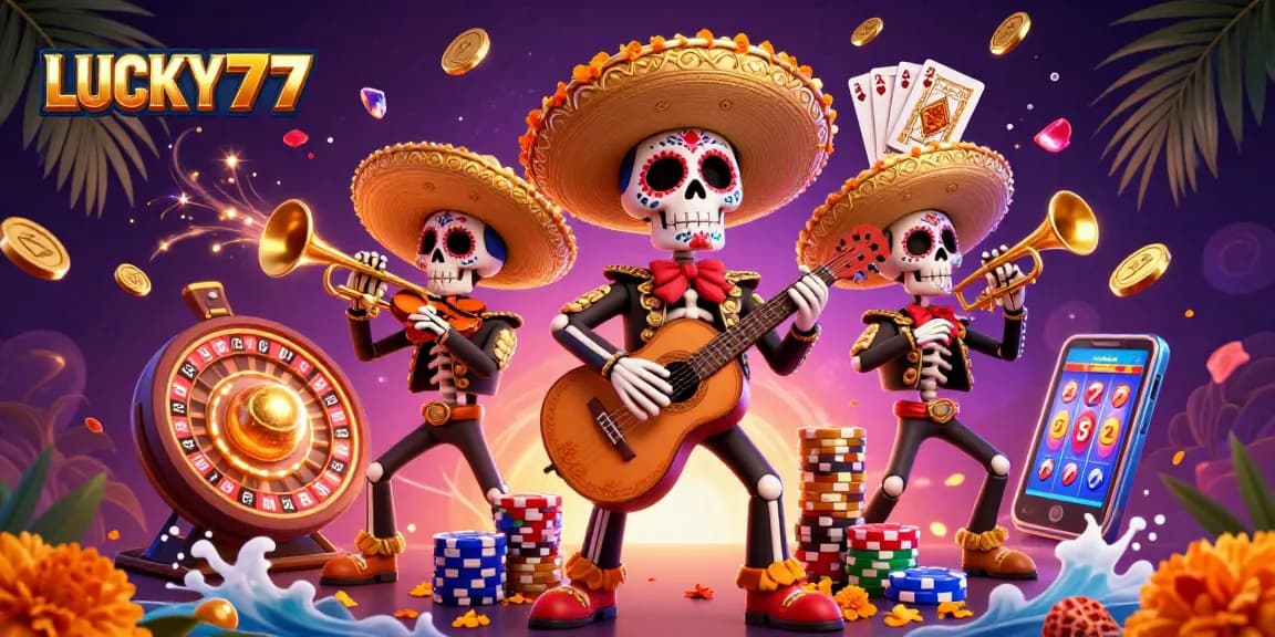 Spin to win with LUCKY77 featuring a vibrant mariachi band amidst golden coins and poker chips.