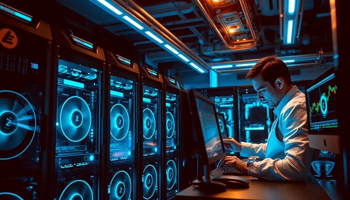Best crypto mining site featuring modern rigs and expert technician in a high-tech setup.