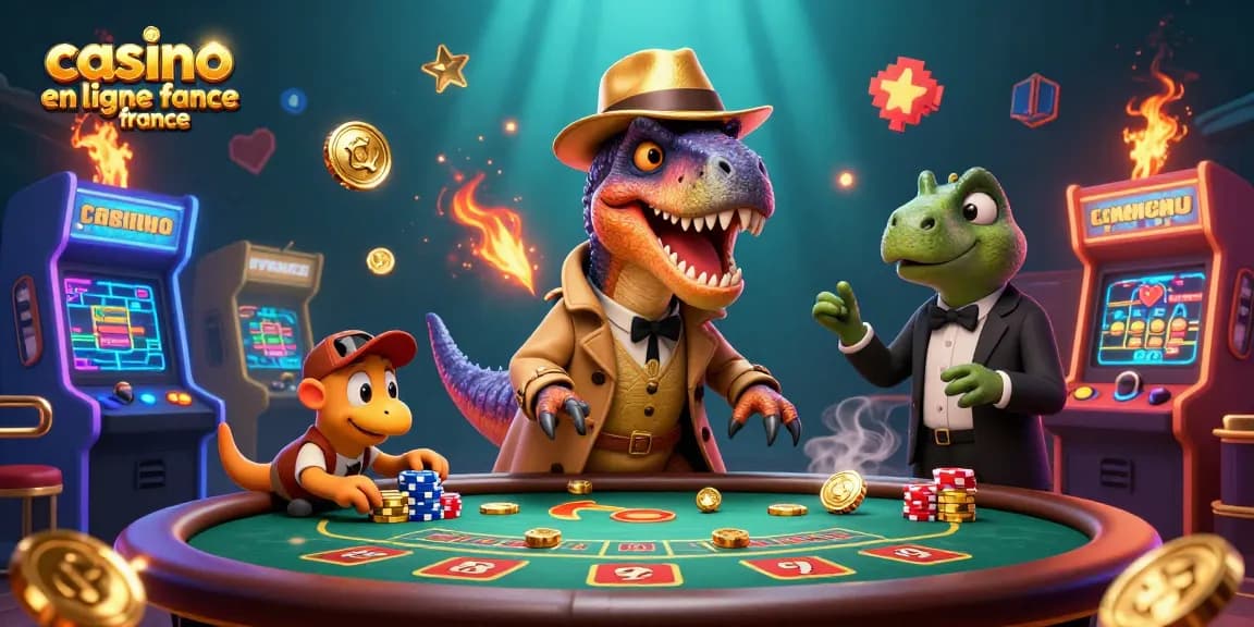 Illustration dynamique représentant un velociraptor dans un casino, lié au casino en ligne France, avec des personnages colorés.