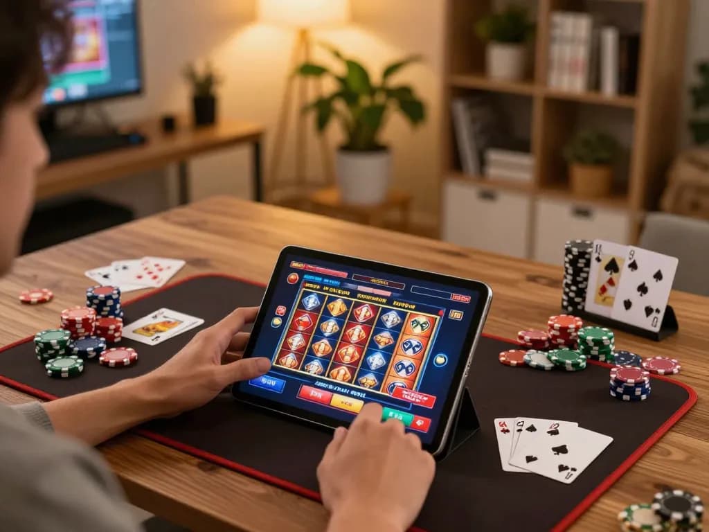 Playing at a casinò online non aams con neteller on a tablet in a cozy home office setting