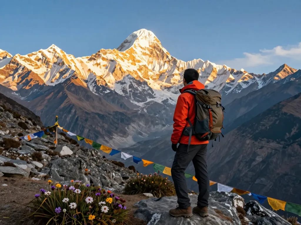 Annapurna Circuit trekking scene with a traveler at a mountain viewpoint, enjoying breathtaking Himalayan views at sunrise.