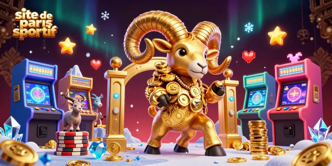 Visualisez une scène animée sur un site de paris sportif avec un bélier doré et des éléments de jeu.