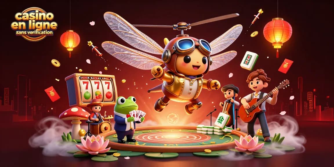 Vivez l'excitation de jouer dans un casino en ligne sans verification avec un dragonfly pilote, un croupier grenouille et des musiciens.