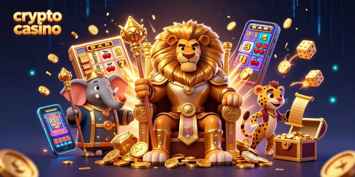 Profitez d'une scène captivante de crypto casino avec un lion roi et des jeux dynamiques.