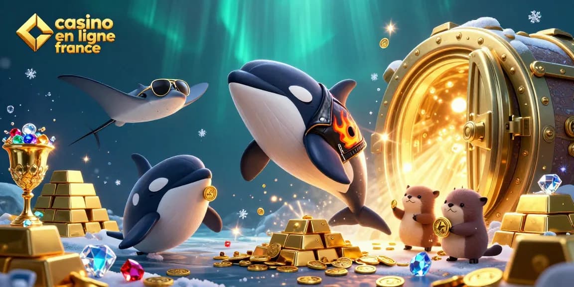 Le casino en ligne France présente une scène animée avec une orque et des otaries entourées de trésors scintillants.