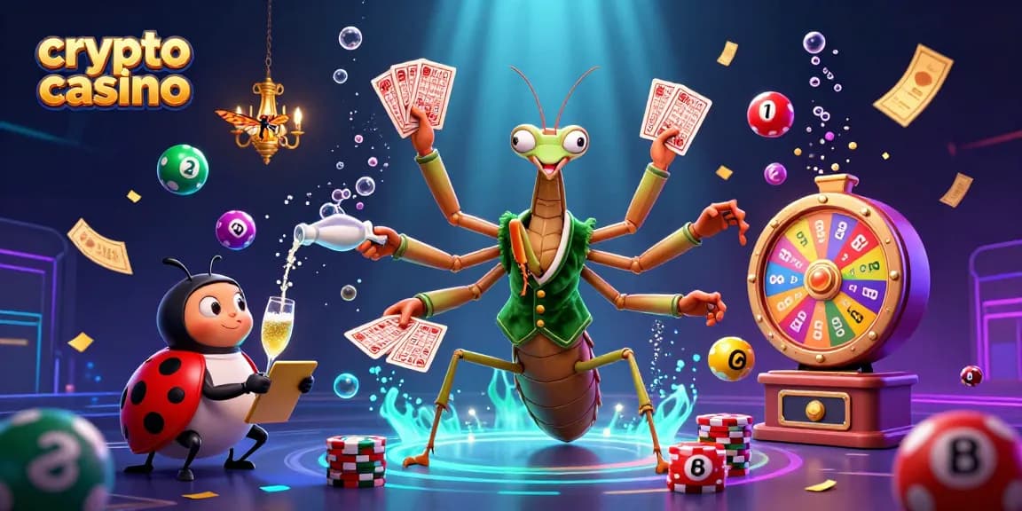 Jeux captivants au crypto casino, avec un personnage en manteau de velours vert et des ballons de loterie colorés.