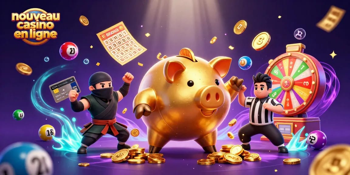 Visualisez l'expérience de jeu ultime avec le nouveau casino en ligne, où un sumo en tirelire s'affronte à un ninja dans une scène dynamique.