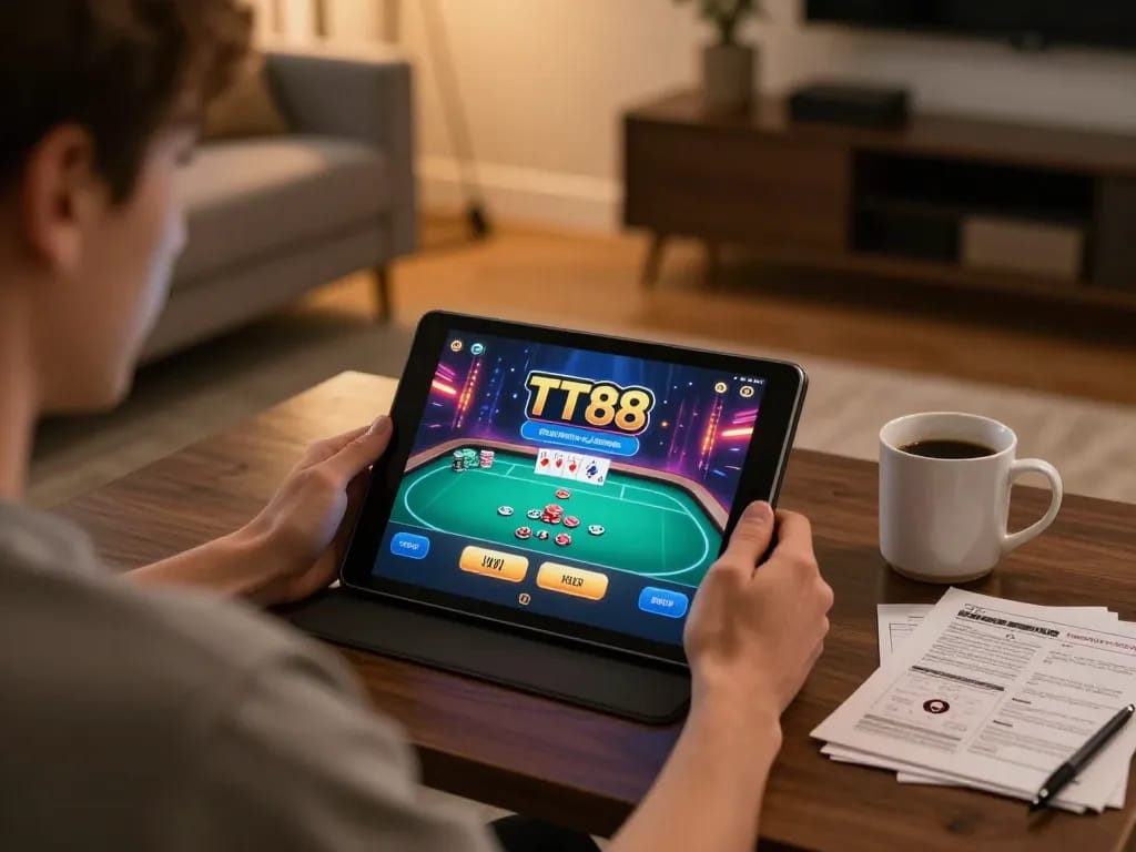 Player strategizing on TT88 app during an online poker game in a cozy home