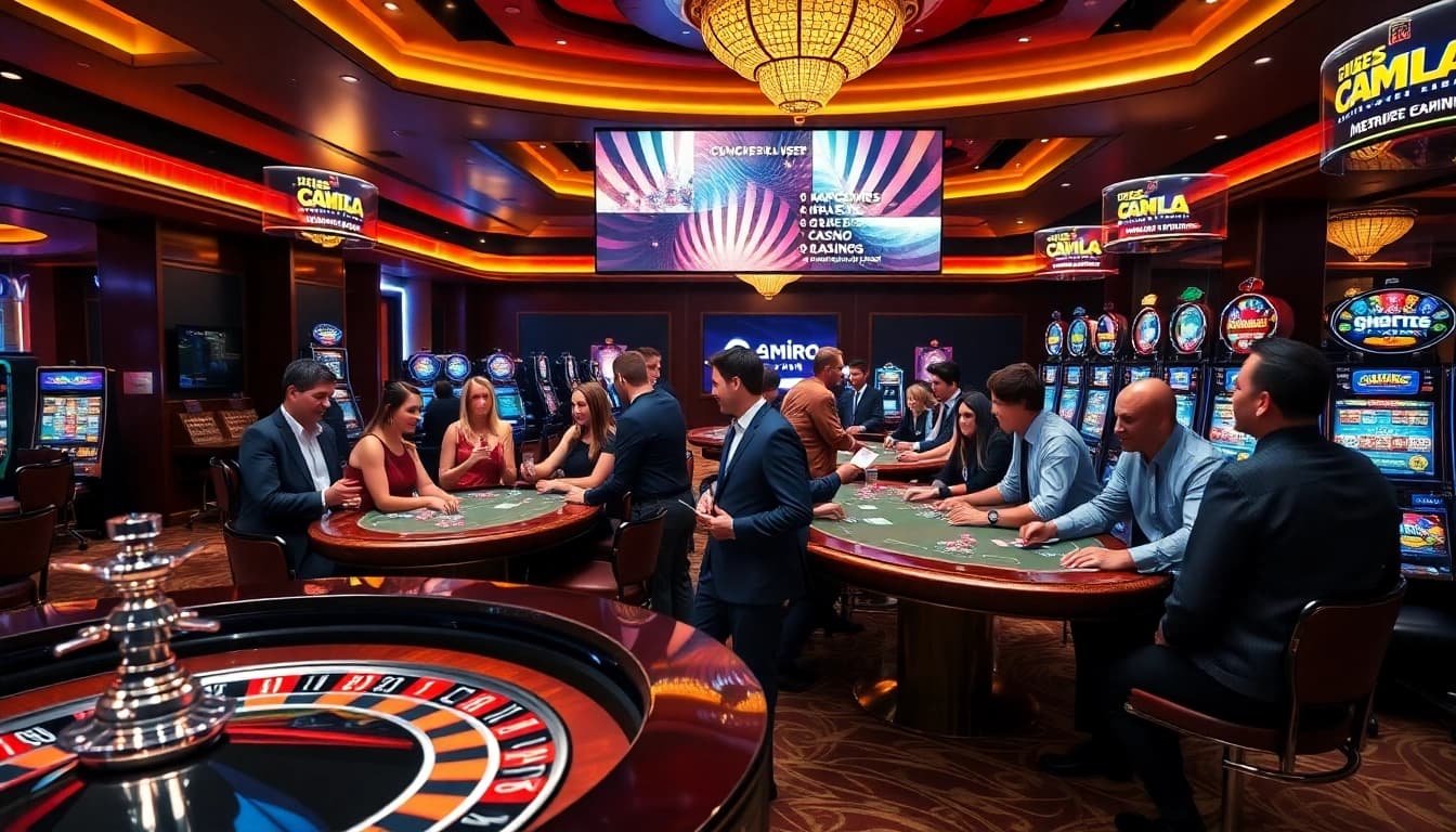 Des joueurs profitant de l'excitation de la meilleure casino en ligne autour de tables de jeu vibrantes.