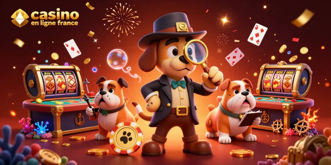 Illustration dynamique représentant le casino en ligne France avec un détective et un chien, explorant des jetons de poker.