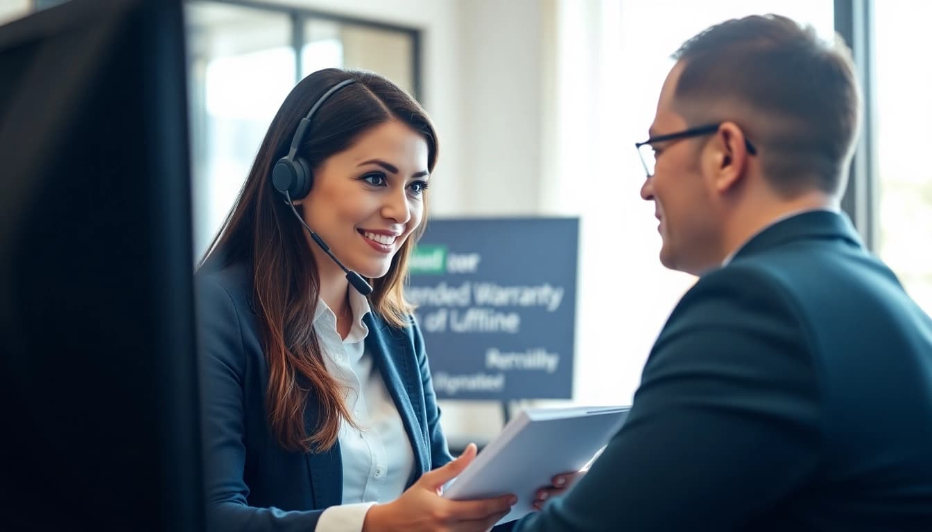 Engaging service representative discussing an extended warranty provider with a client in a modern office setting.