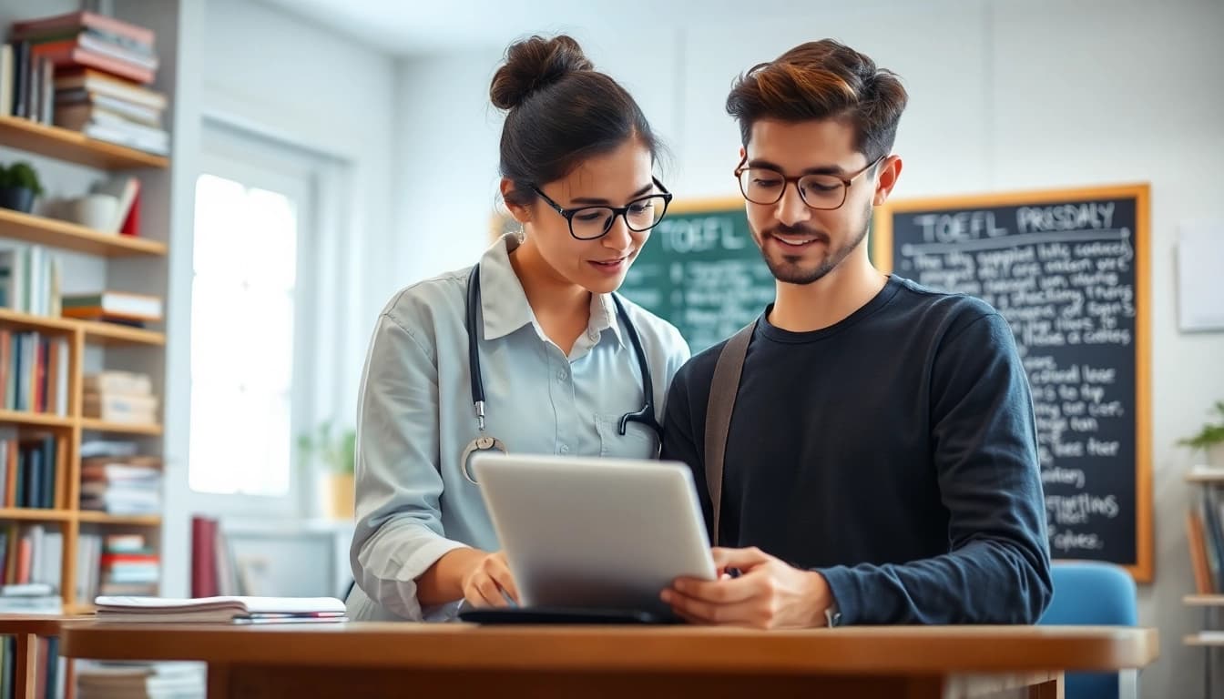 Offering TOEFL expert help in an engaging study environment with a consultant and student interaction.