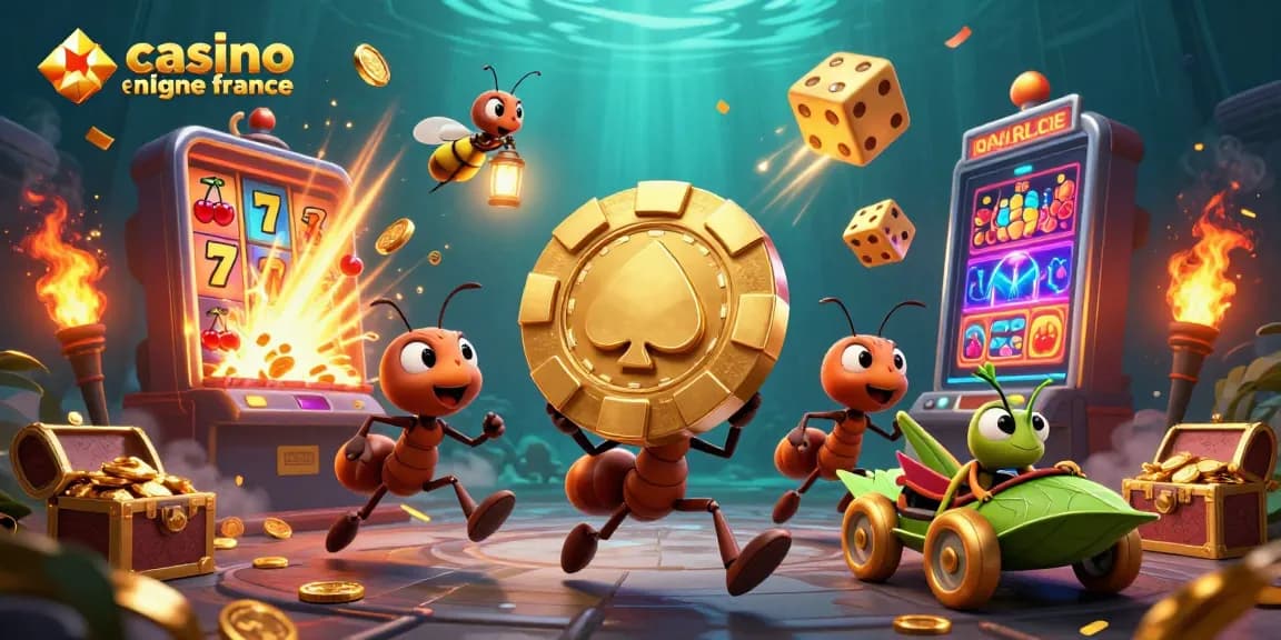 Jouez au casino en ligne en France avec des personnages animés profitant d'une machine à sous débordant de richesses.