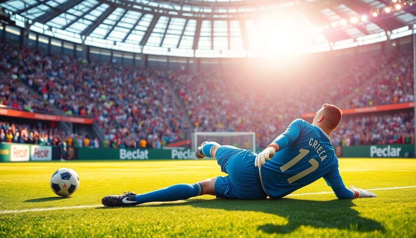A dynamic moment of บอลวันนี as a goalkeeper lunges to make a spectacular save during a thrilling match.