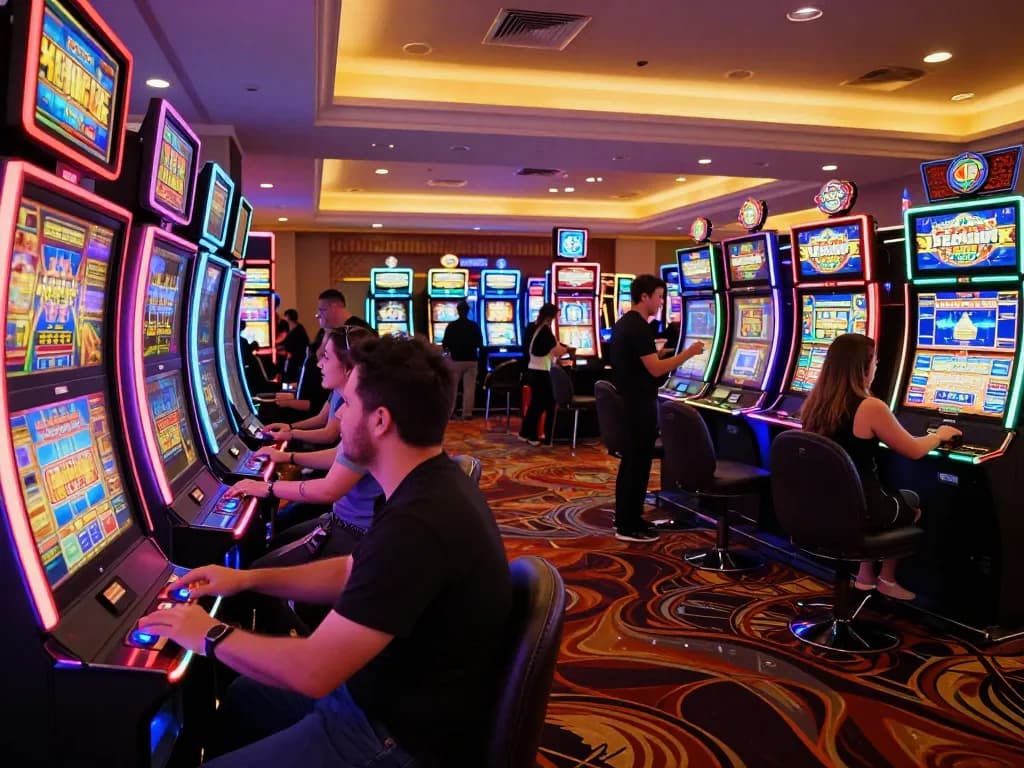 Players engage with exciting slot machines in a vibrant casino atmosphere, showcasing thrilling gameplay.