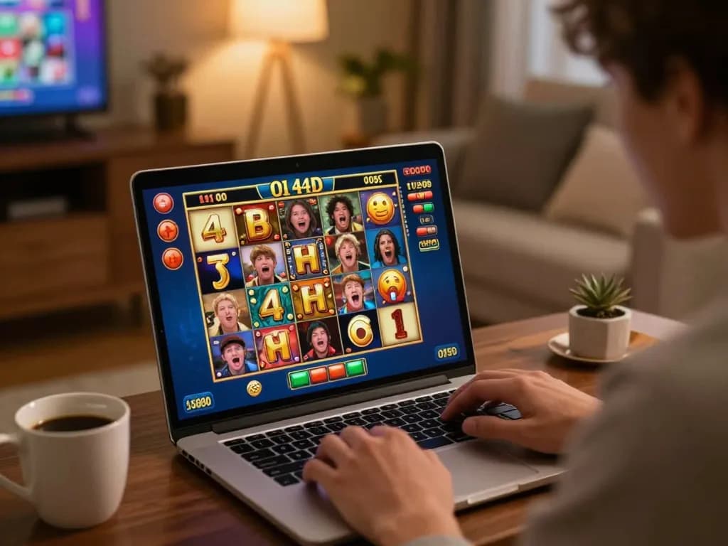 Engaging with oli 4d slot game on a laptop in a cozy home environment, experiencing the thrill of online gaming.