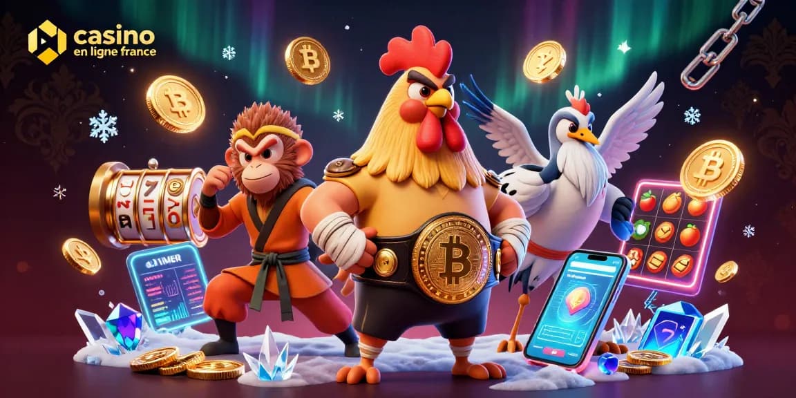 Casino en ligne France : Découvrez une illustration dynamique avec des personnages de combat et des éléments de jeu modernes.