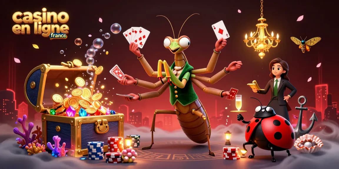 Illustration dynamique de casino en ligne France avec caméléon géant et coccinelle gérant les jeux.