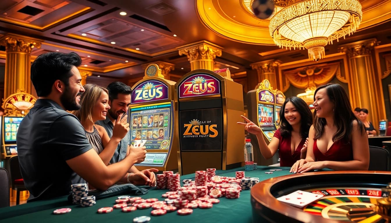 Players enjoying the thrilling Zeus slot machine experience at a luxurious casino.