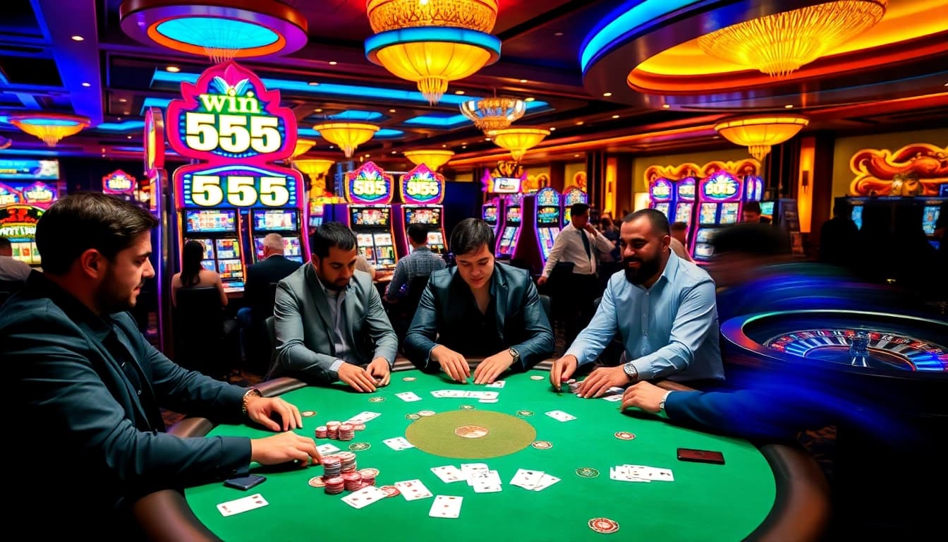Experience the thrill of 555 win at a luxurious casino with engaging players and vivid gaming elements.