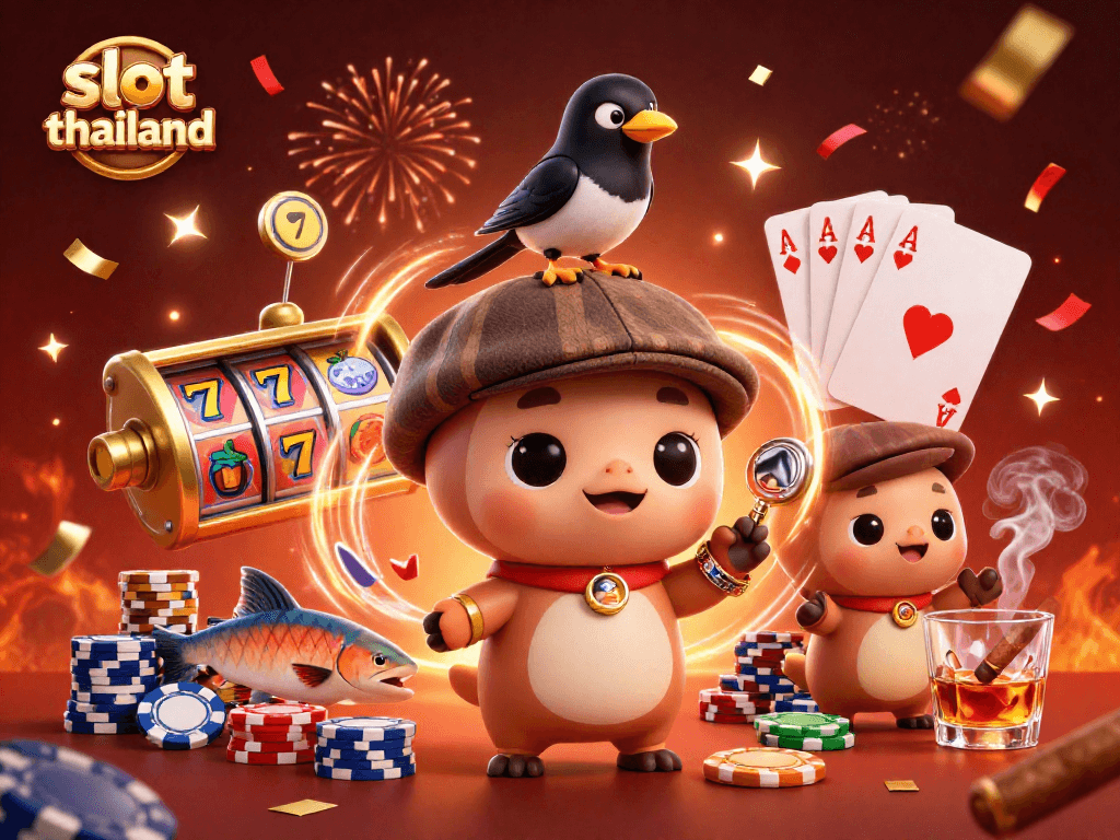 Spin the slot thailand reels with playful characters creating a lively casino scene.