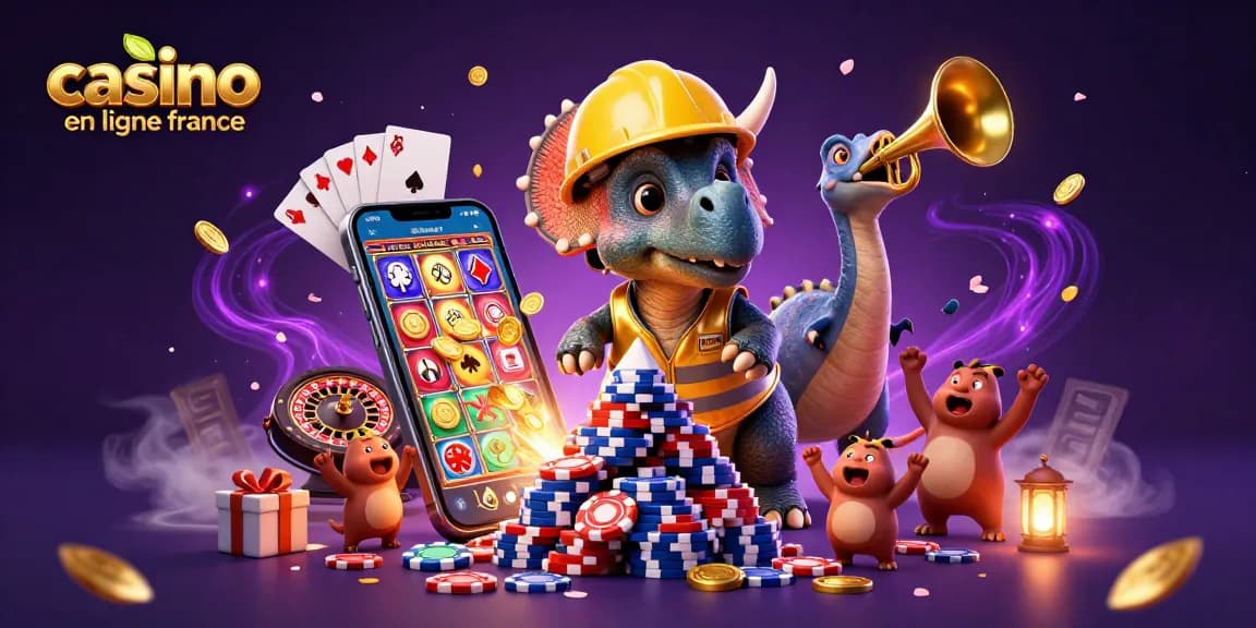 Casino en ligne France : un triceratops construit une pyramide de jetons au milieu d'une scène de célébration.