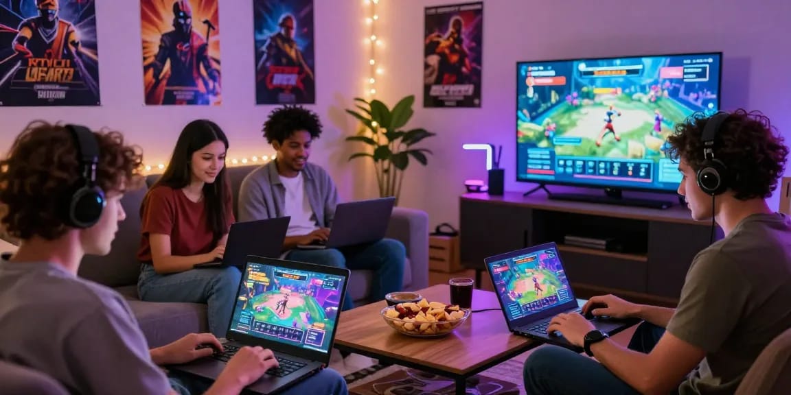Group of friends playing html porn games together in a cozy living room setting.
