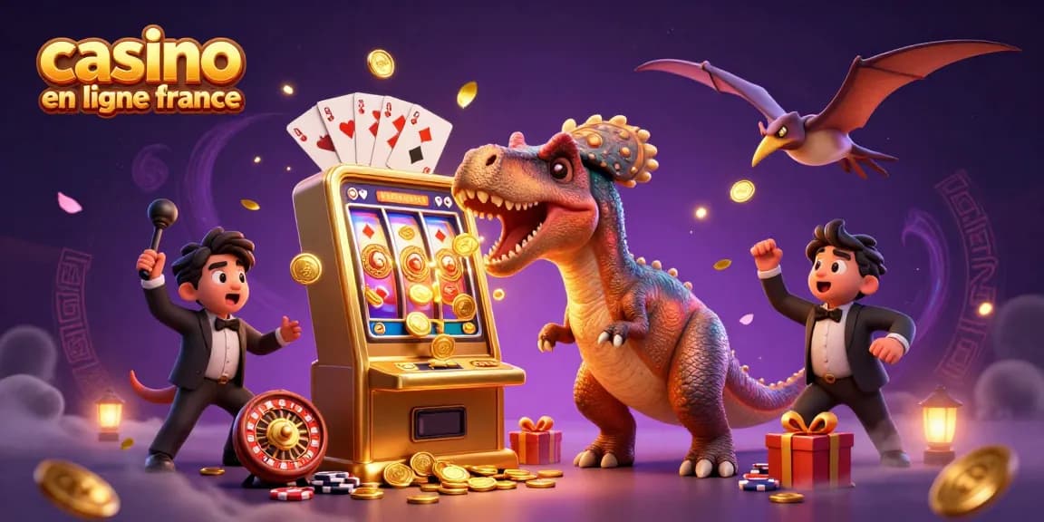 Illustration dynamique de casino en ligne France avec des dinosaures et des machines à sous dorées.