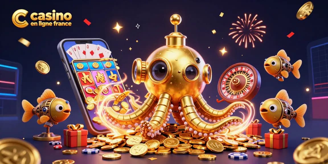 Jouez à casino en ligne France avec une scène animée de kraken doré au milieu de pièces d'or et de jeux de casino.