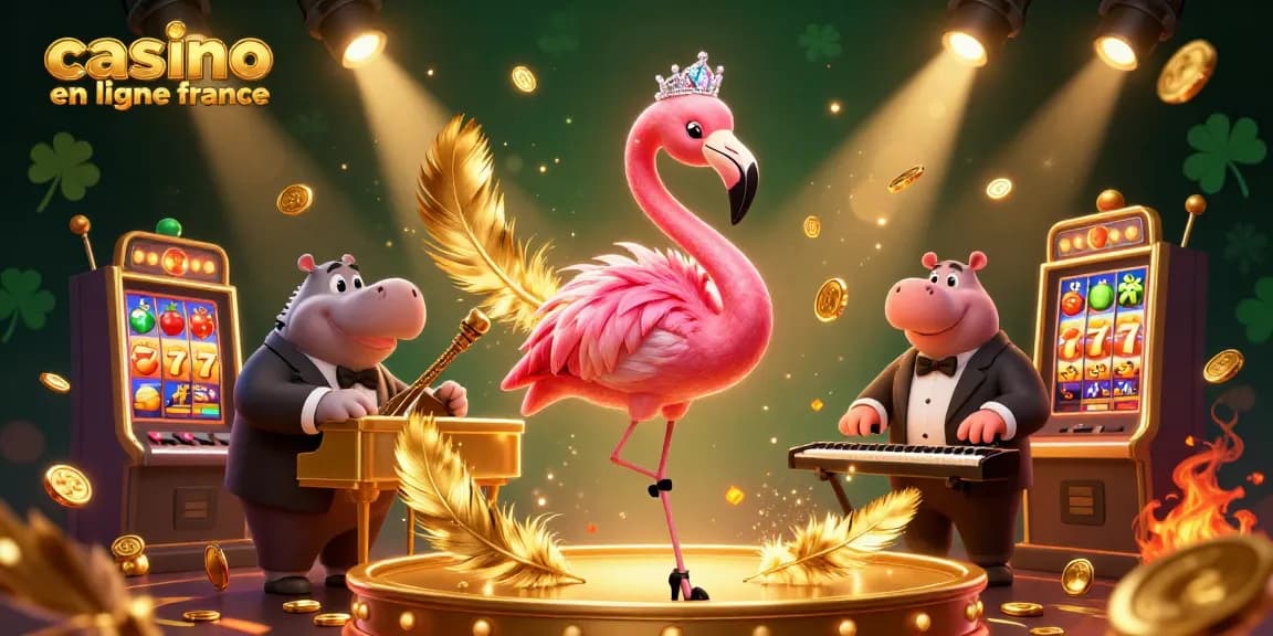 Visuel des jeux de casino en ligne France, présentant un flamant rose chanteur et un hippopotame musicien.