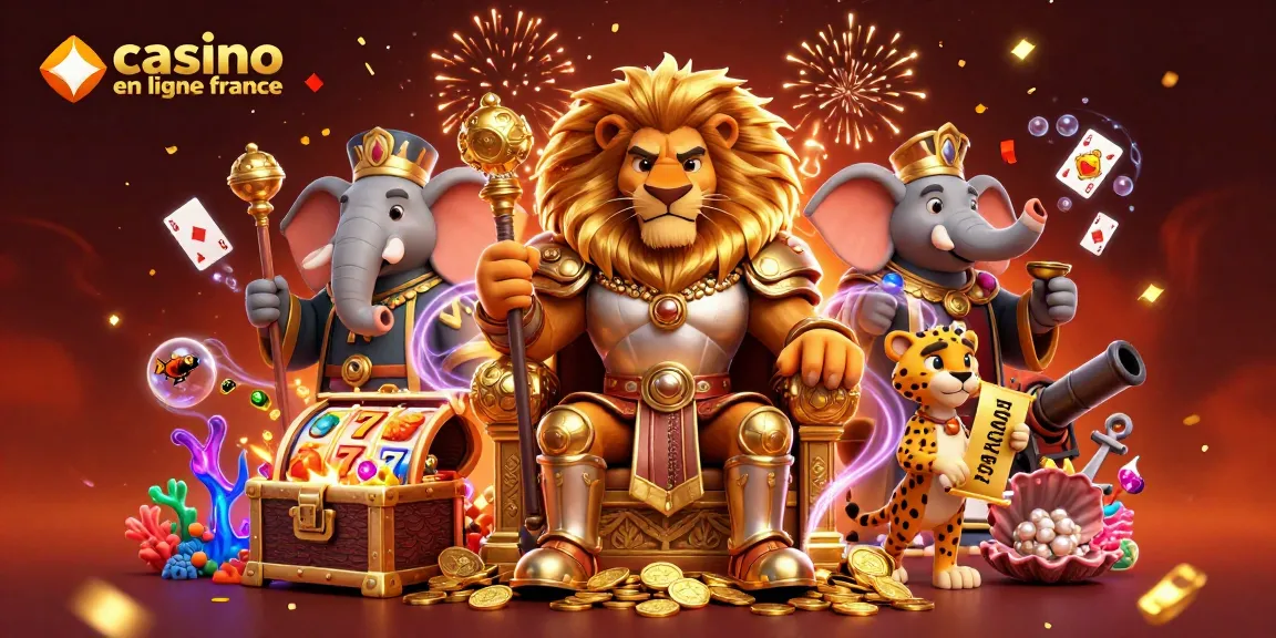 Le lion royal trône au meilleur casino en ligne France, accompagné d'éléments de jeu animés.