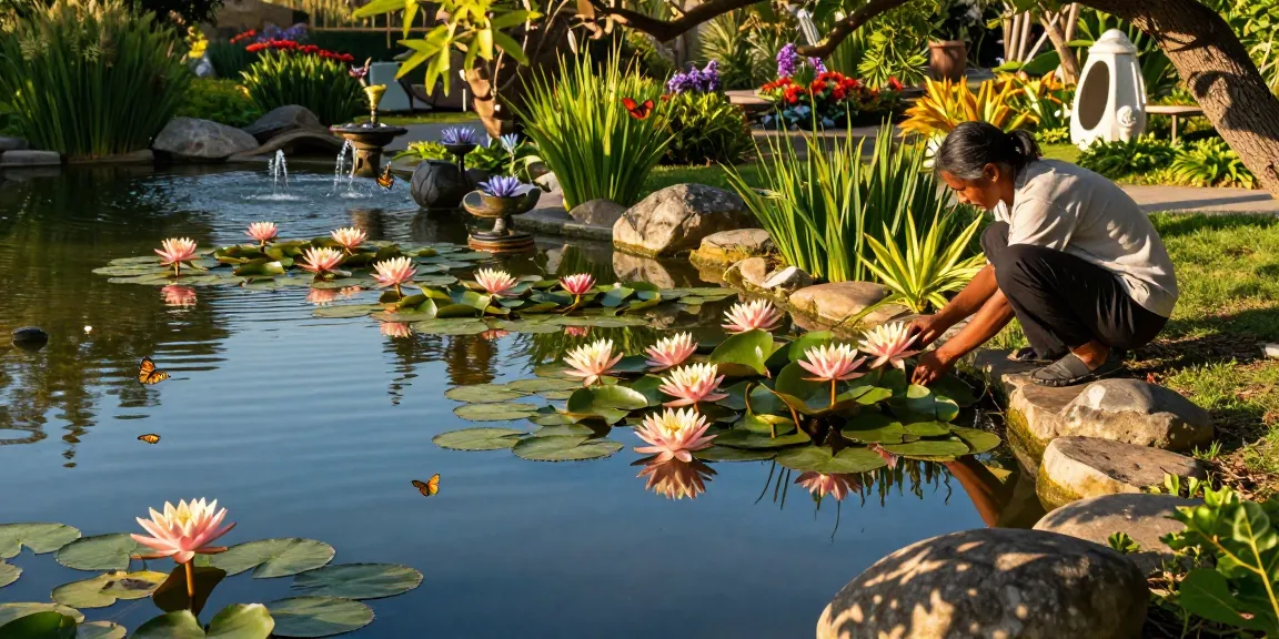 Beautiful water lilies in a serene pond garden, tended by a gardener, showcasing vibrant colors and lush greenery.