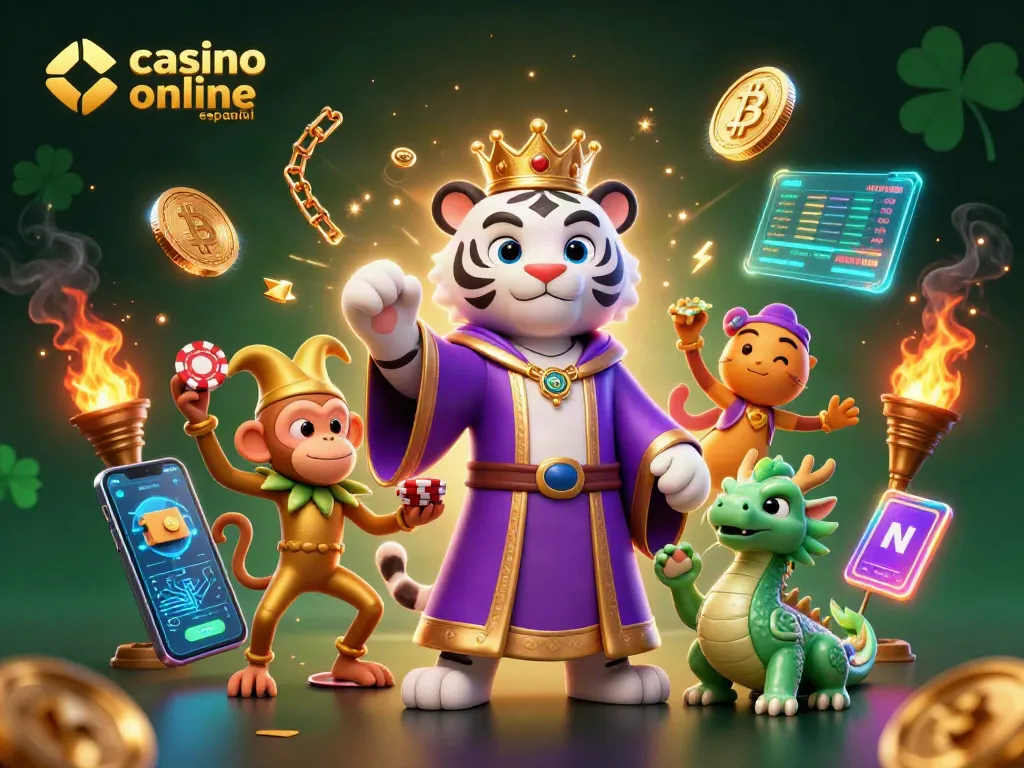 Juega en casino online español con el elegante tigre y un mono, rodeados de fichas y monedas brillantes.