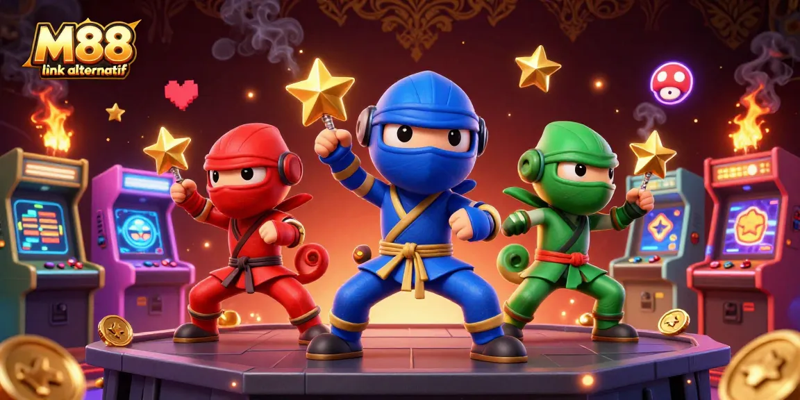 M88 link alternatif showcases a dynamic trio of colorful ninja chameleons performing martial arts on a casino-themed rooftop.