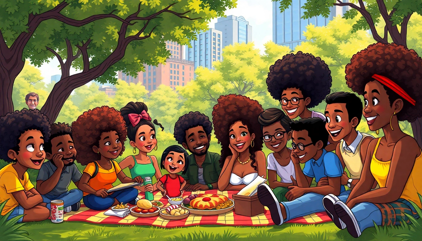 Dynamic gathering of African American Cartoon characters celebrating diversity in a park setting.