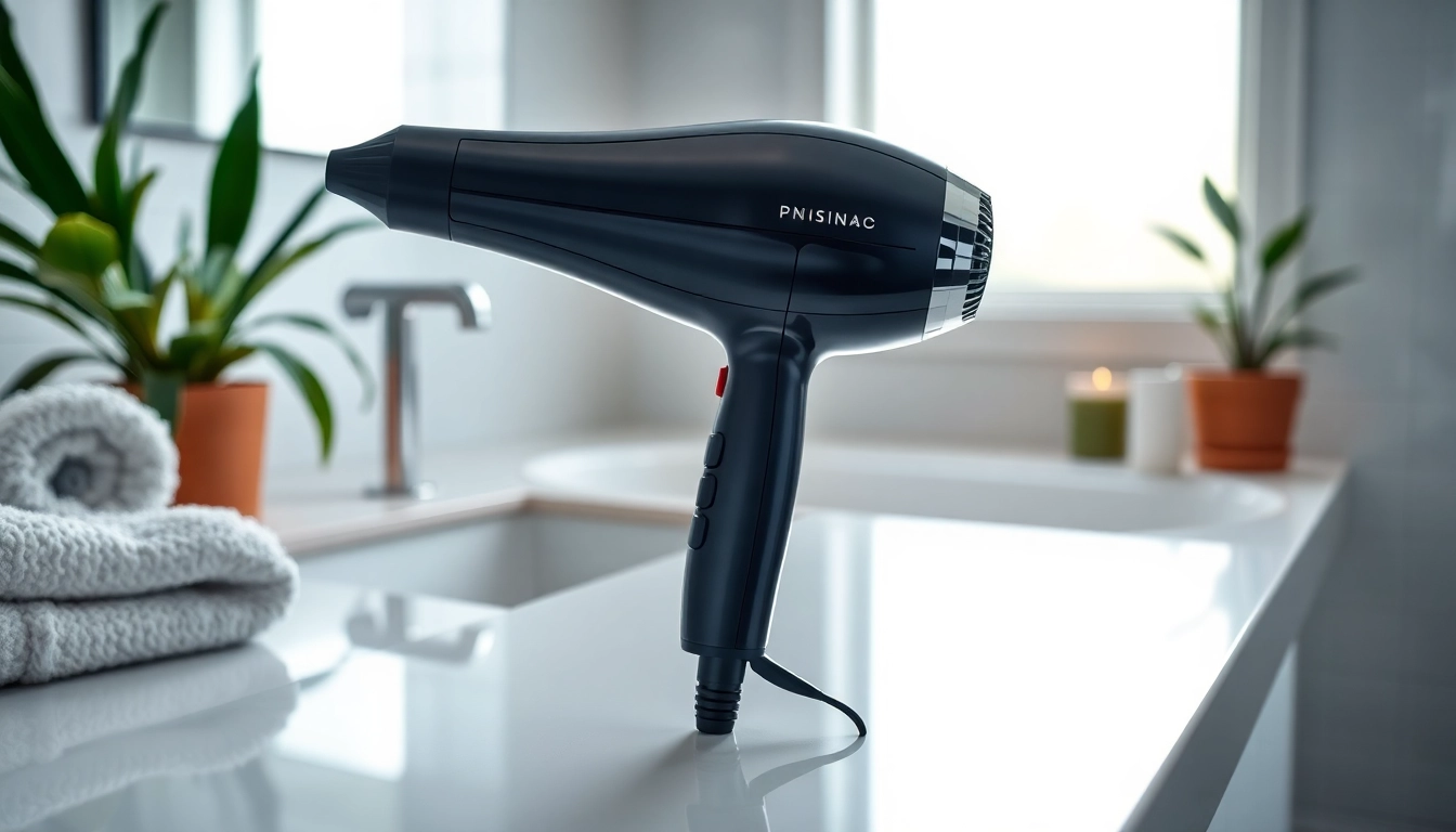 Ionic hair dryer featured in a bright bathroom setting, showcasing its sleek design and features.