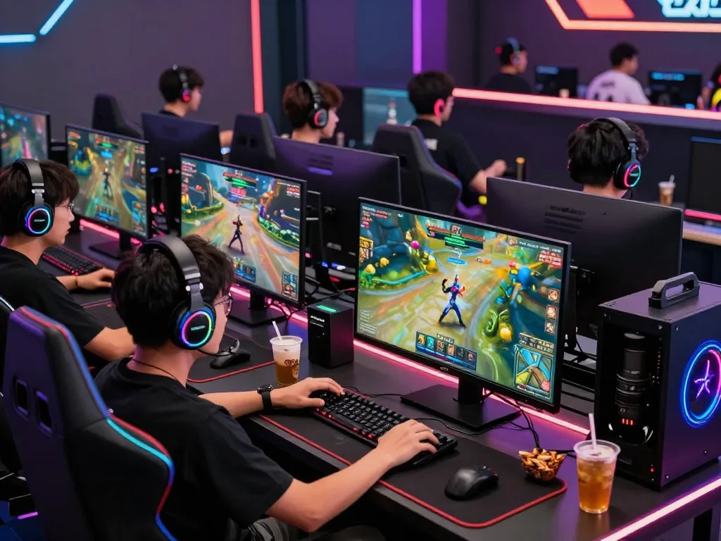 Dynamic online gaming scene with players on high-tech setups engaging in go88 multiplayer battles.
