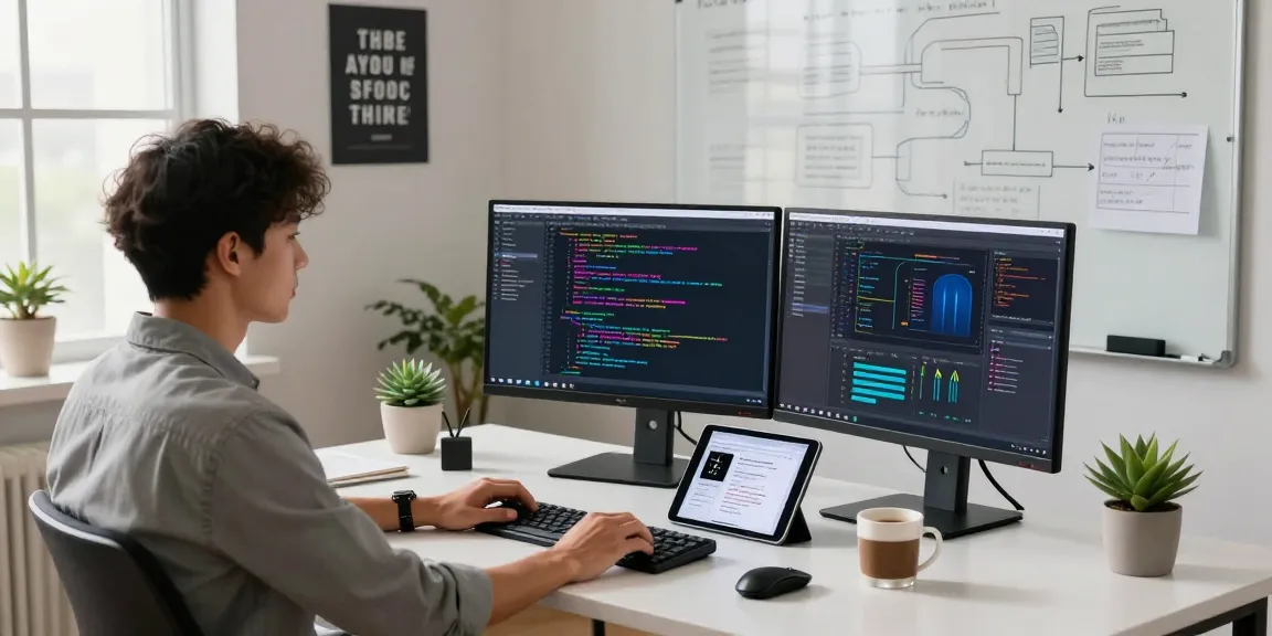 Dynamic tech workspace featuring crush ai programming setup, vibrant code on multiple monitors, and a collaborative environment.