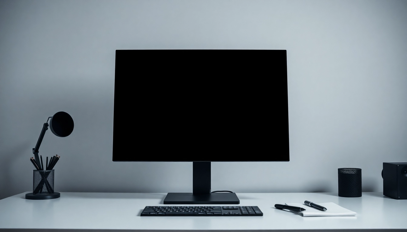 Displaying a pantalla negra on a modern monitor in a minimalist workspace for focus and productivity.