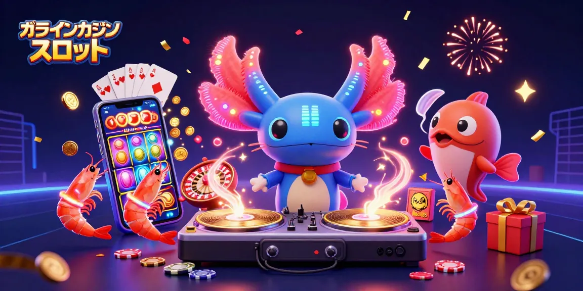 オンラインカジノ スロットでゲームを楽しむ、3DアホロートルDJとサンゴのダンスシーン