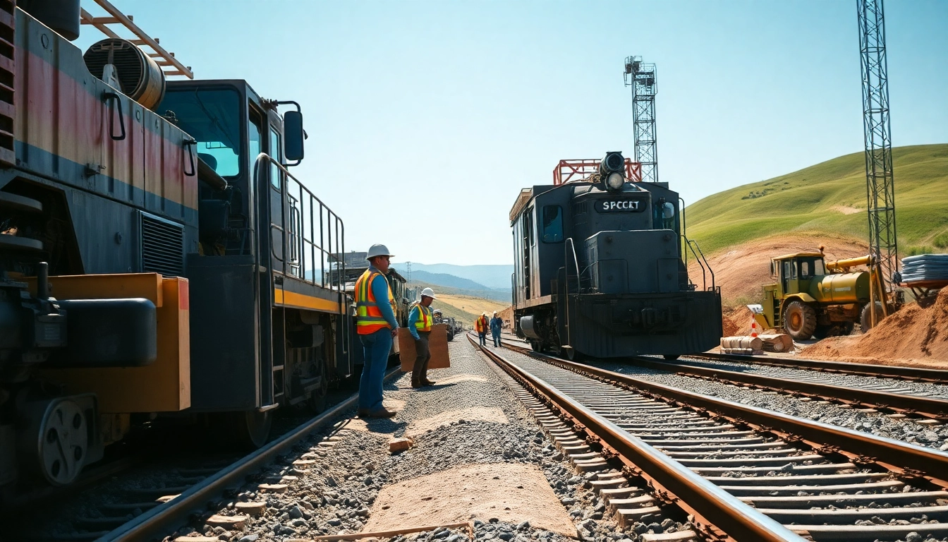Workers installing tracks during a railroad construction project, emphasizing teamwork and heavy machinery.