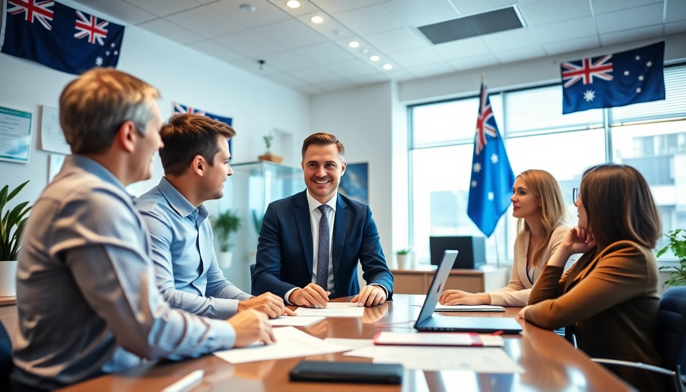 Migration agent in Brisbane providing expert consultation to clients in a modern office.