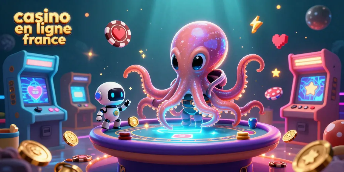 Illustrez le monde vibrant des jeux de casino en ligne France avec un octopus extraterrestre et des éléments futuristes.