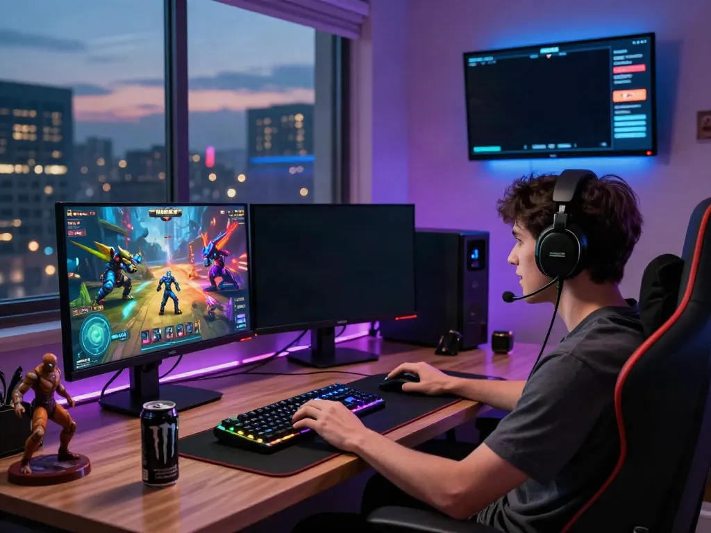 Dynamic gaming scene highlighting rokok88 with a player fully engaged in the latest monster update.