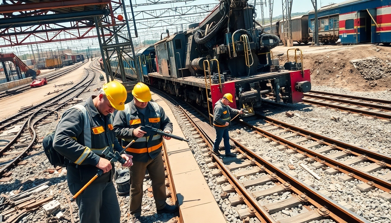 Workers performing derailment repairs on damaged train tracks with heavy machinery.