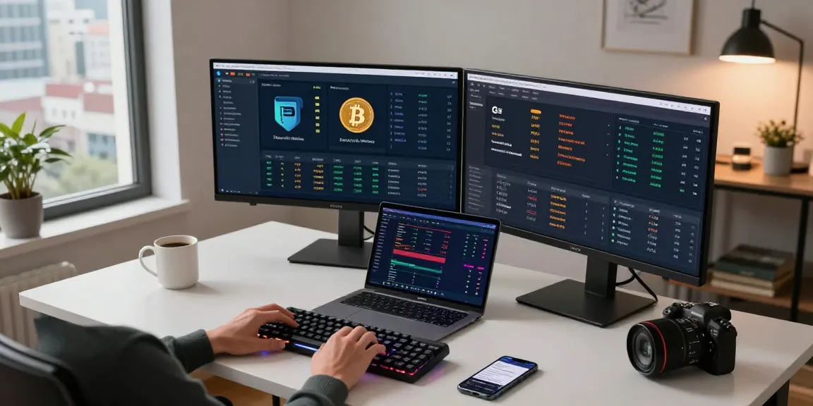 Passive bitcoin mining workspace with crypto trading displays, digital wallet, and DeFi dashboard.